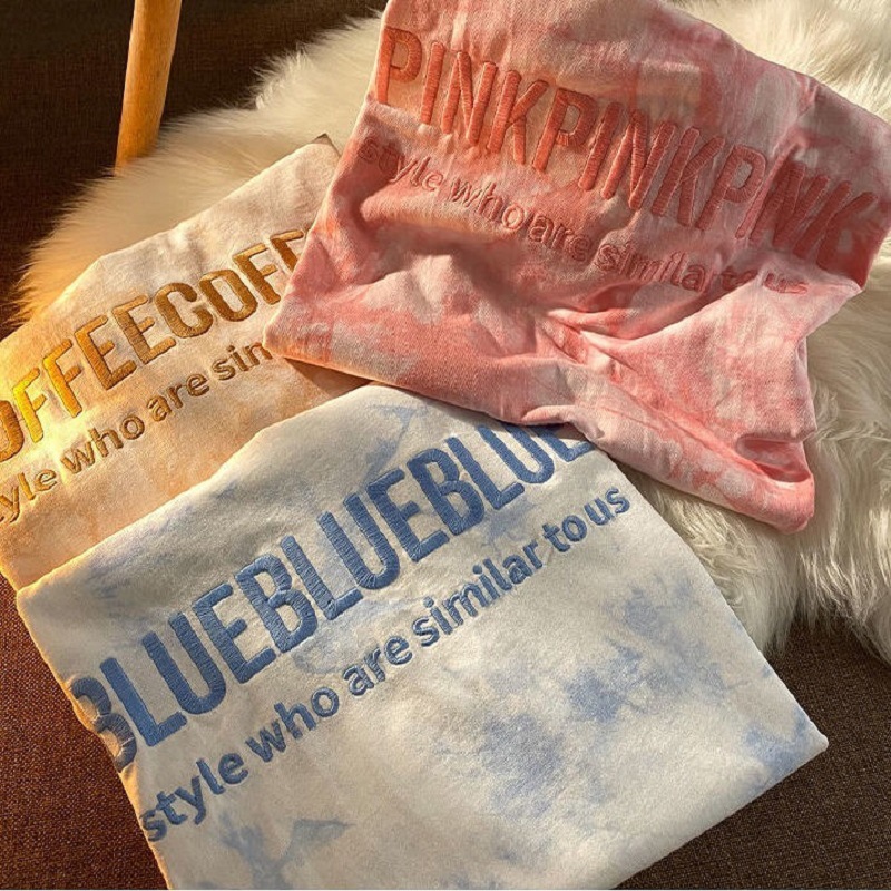 Tie-Dye Summer Short-Sleeved T-Shirt Women's Loose Embroidered T-Shirt Strange Flavor Half-Sleeved Couple's Super Hot Clothes ins Trendy