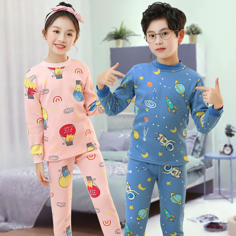 2024 Fall/Winter Children's fleece-lined Thickened Autumn Clothes and Pants for Small Boys and Girls Middle Collar Base Thermal Underwear suit