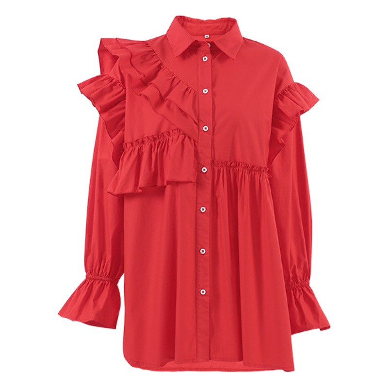 European and American cross-border design layered ruffled top women's spring new loose heavy work cotton lace shirt