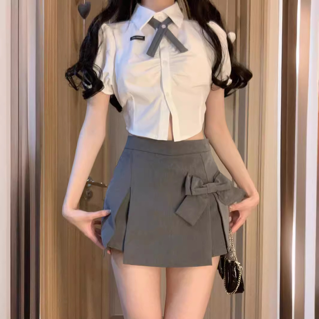 Age-reducing bow skirt girls' summer design suit high waist short skirt A- Line pantskirt unique chic