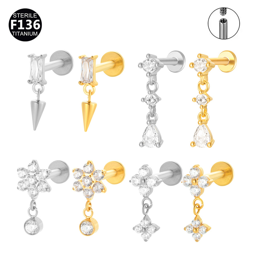 2024 explosions F136 titanium pendant flower tapered chain internal thread lip nail ear bone nail tragus nail 0.9 teeth