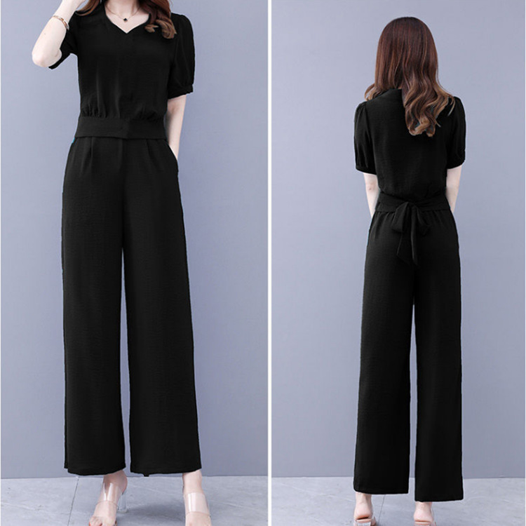 Picture of Popular Set Women's Summer 2022 New Fashion Professional Foreign Temperament Age-reducing Goddess Fan Belly-covered Two-piece Wide-leg Pants