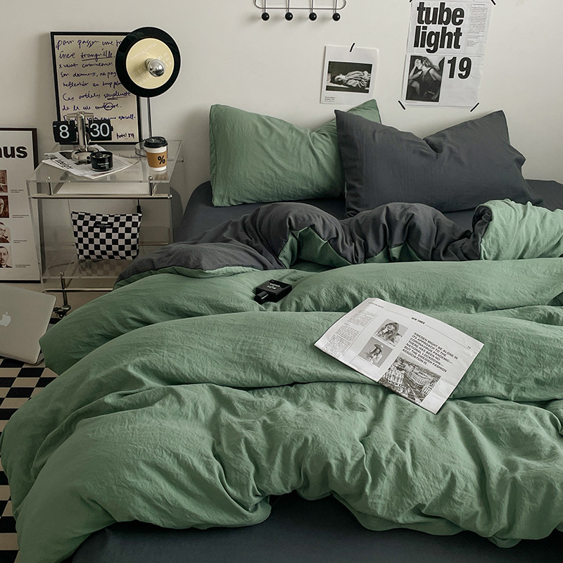 Picture of Four-piece bed set A can sleep naked wash cotton quilt cover solid color bed sheets student dormitory three-piece bed hat wholesale 4