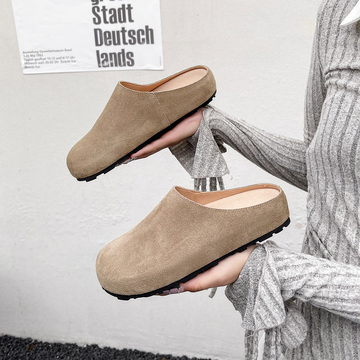 Weiwei Girl 959-19 Leather Baotou Bucken Half Slippers Women Lazy One-Pedal Bucken Single Shoes Women