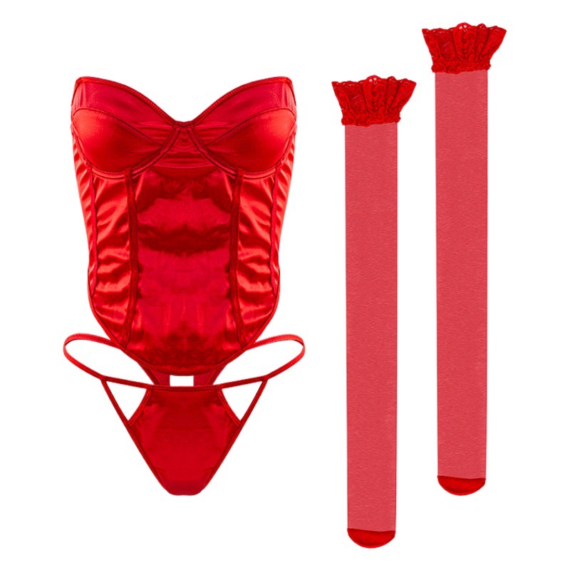 European and American style sexy underwear low waist hollow thong body shaping underwear satin temptation sexy three-piece suit