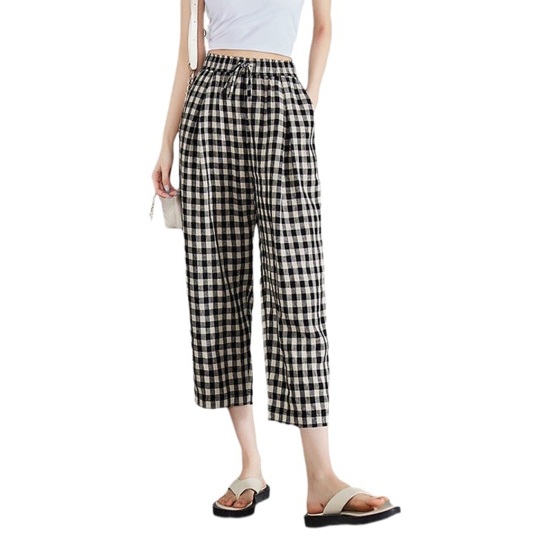 Summer All-match Oakwear High Waist Plaid Printed Casual Cropped Pants Large Size Loose Thin Harlan Wide Leg Pants for Women