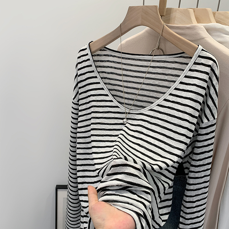 European and Korean Niche Irregular Striped Long-Sleeve Women's T-Shirt 2025 New Loose Slim Versatile Base Shirt