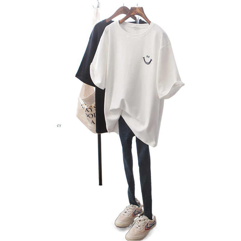 Short-sleeved T-shirt Women's Summer Korean-style Retro Mid-length Round Neck Embroidered Smiley Base Shirt Loose Casual Black and White Top