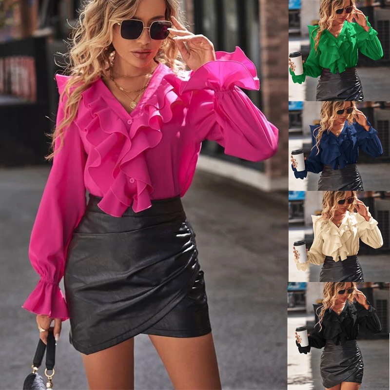 2025 Europe and America Amazon Independent Station Cross-border Women's Autumn New V-neck Ruffled Elegant Elegant Shirt for Women