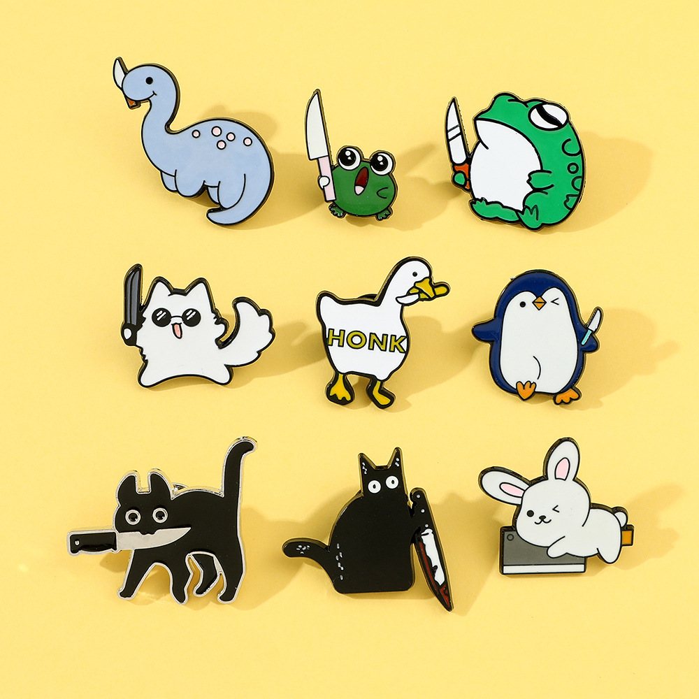 Cute Creative Stylish Cartoon Animal Metal Badge Cat Rabbit Penguin Frog Dinosaur Tricking Goose Accessories