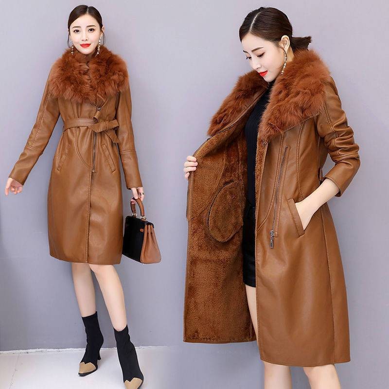 Picture of [Noble Light Luxury] Korean Women's Winter fleece-lined Fur Coat Mid-length Slim-fit Strap Large Fur Collar Leather Coat