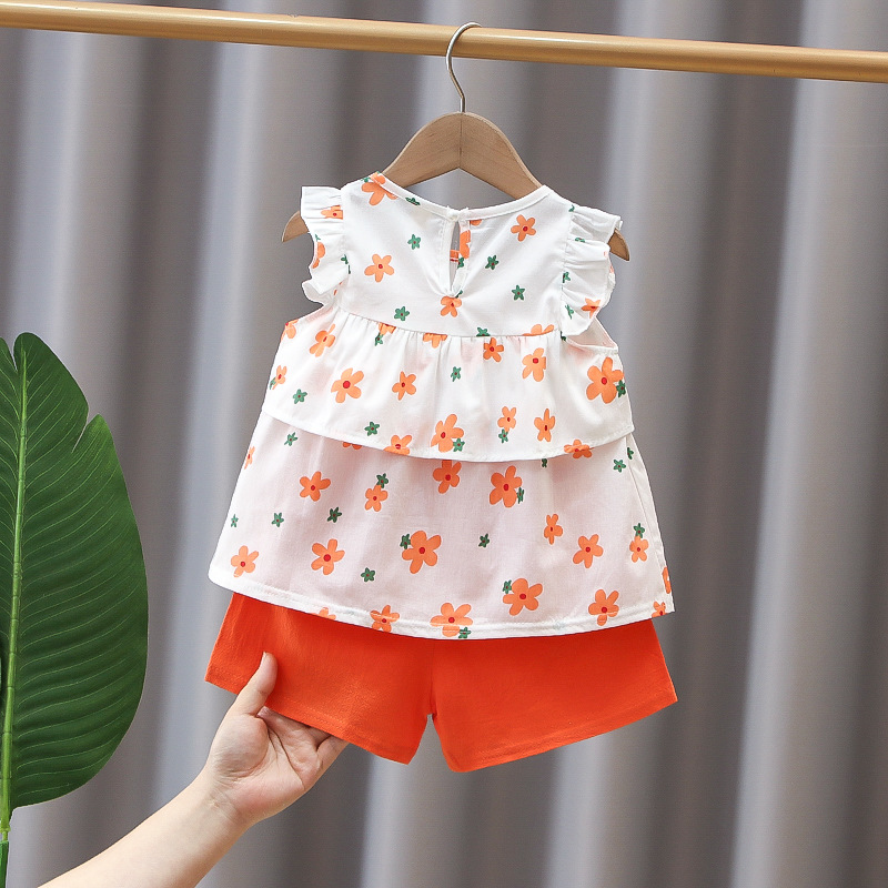 Picture of Girls Summer suit Summer New Cute Fried Street Full Printed Bow-tie Vest Shorts suit Cute