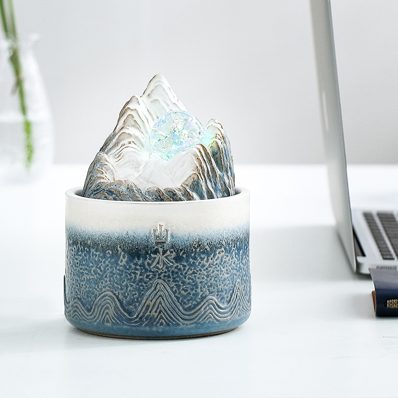 Landscape Ceramic Flowing Water Ornament for Tea Room Tea Table, Zen Rockery Fortune Ball Fountain Water Feature, Hand-Painted Ceramic