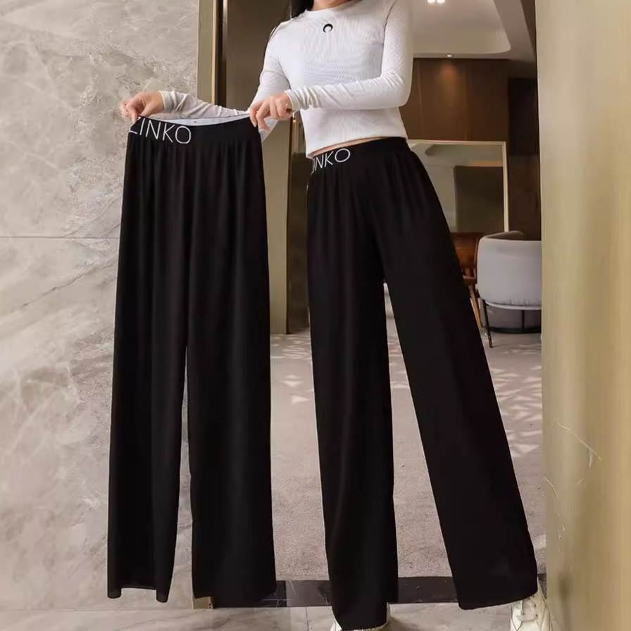 Suit Casual Pants Ice Silk Wide Leg Pants Women's 2024 Summer Thin New Loose plus size Black Straight Tube chubby girl