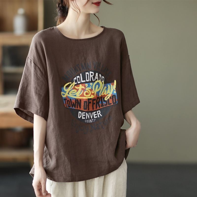 Summer New Vintage Letter Printed Cotton and Linen Short-sleeved Top Women's plus size Loose Round Neck All-match Casual T-shirt Women