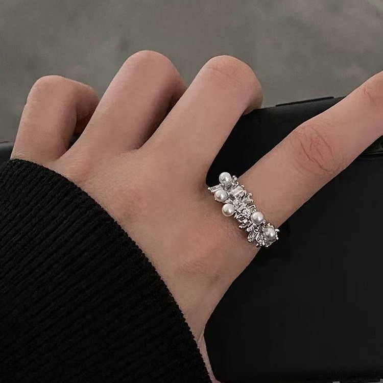 Gipsophila Pearl Ring Women's Exquisite Micro-inlaid Zircon Open Finger Ring Simple INS Wind Ring