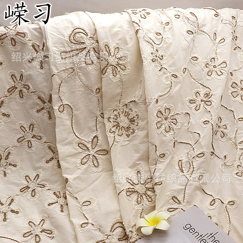 2025 Spring New Style Plate Strap Embroidered European and American Flower Embroidered Dress Shirt Skirt Fabric Beige Embroidered Cloth