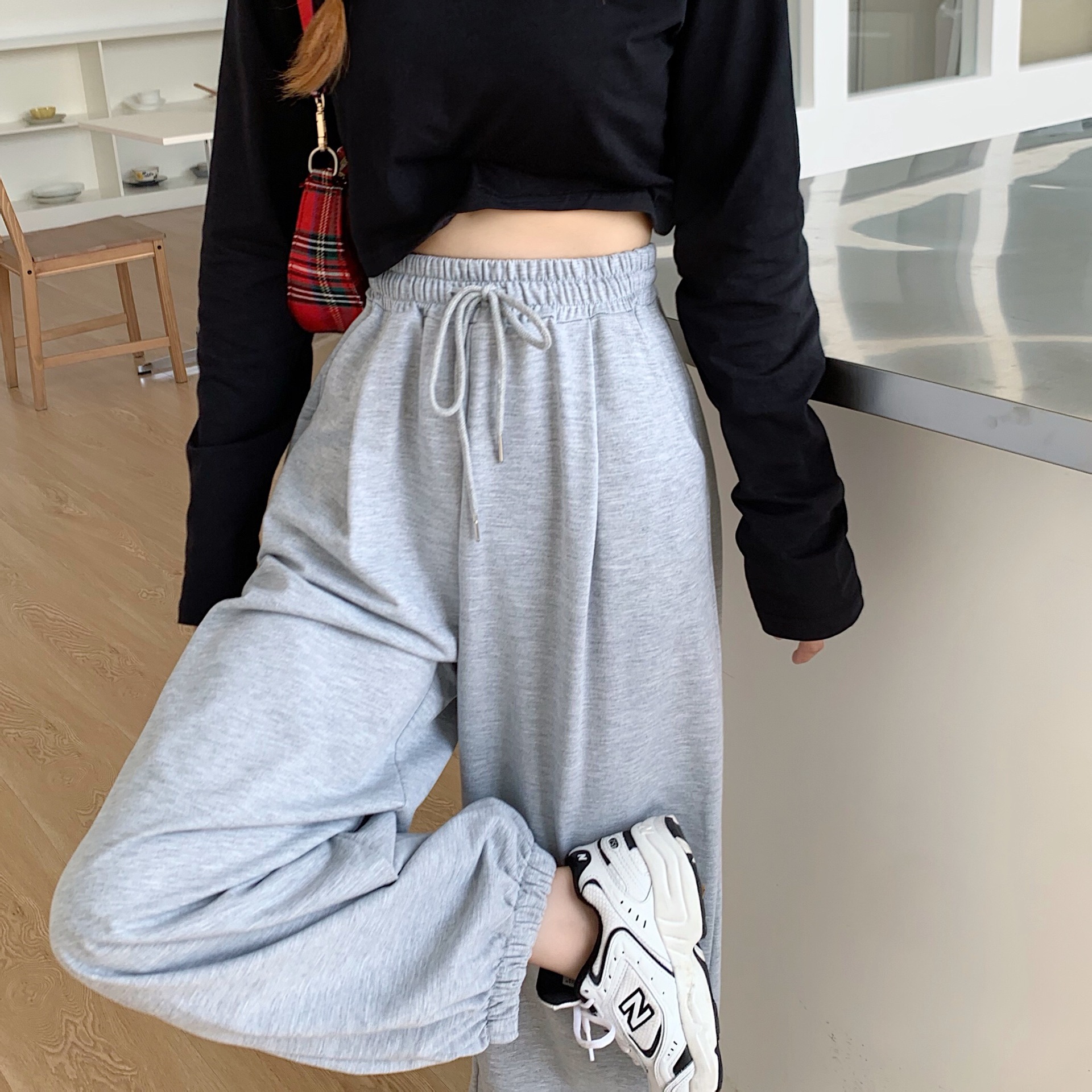 Spring and Autumn Sports Pants Women's Hong Kong Style Casual Pants High Waist Slimming Loose Wide Leg Pants All-match Lantern Ankle Pants