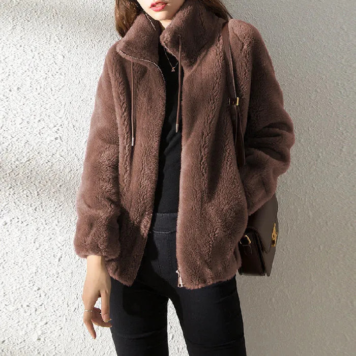 Picture of Women's Fashionable Coat Ins Winter fleece-lined Thickened Double-sided Fleece Vertical Collar Warm Sweater Women's Cardigan Zipper Fleece