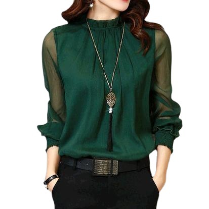 2025 Spring New Chiffon Shirt with Small Stand Collar, Sexy Plus Size Versatile Fashionable Mesh Ruffle Base Shirt Top