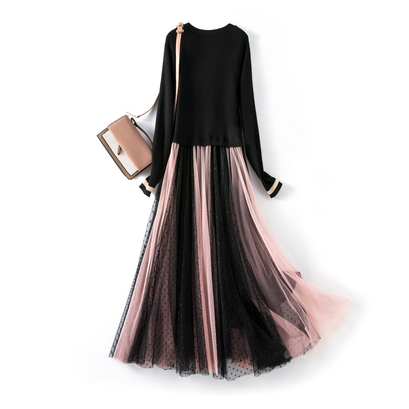 Picture of In stock autumn plus size women's clothing 2021 elegant slim-fit slimming knitted stitching dress chubby girl lace A- line skirt 817