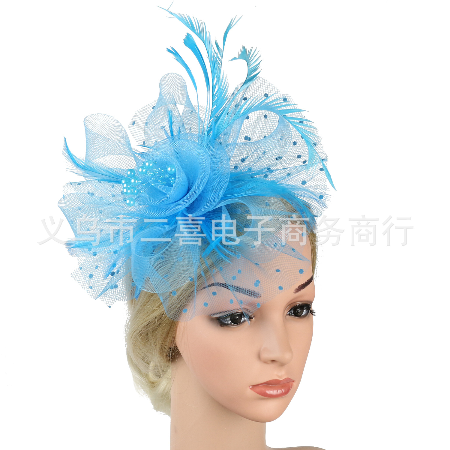 Picture of European and American Popular Amazon Feather Headdress Bridal Hair Accessories Mesh Top Hat Jockey Club Hair Accessories Hairpin Headband