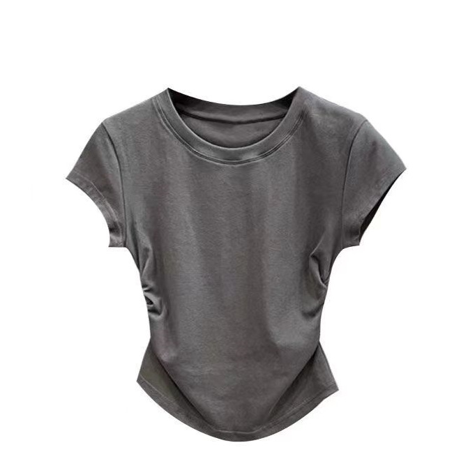 Picture of Ins Spice Girls Pure Wants Tight Waist T-shirt Short Sleeve Women's Summer New Solid Color Base Pullover Slim Fit Top Women's Fashion Wholesale