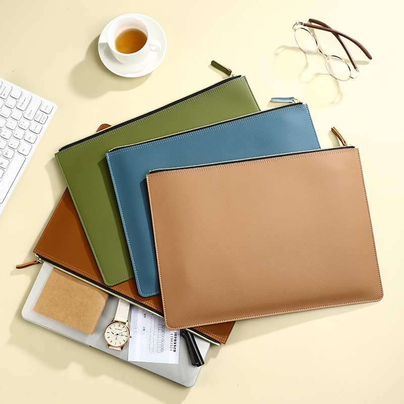 A4 Document Bag Leather Briefcase Conference Storage Bag High-End Waterproof Insurance Policy Folder Cross-Border Pu Zipper Bag