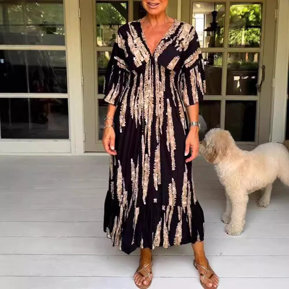 2023 Cross-border Explosions Foreign Trade Amazon Summer New Casual Trumpet Sleeve V-Neck Printed dress Dress