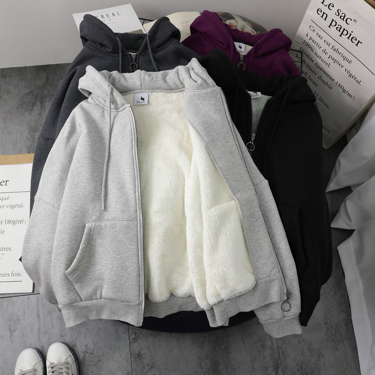 Fleece-lined faux lamb fleece lining hooded sweater coat women's autumn and winter loose cross-border women's clothing foreign trade wholesale eBay