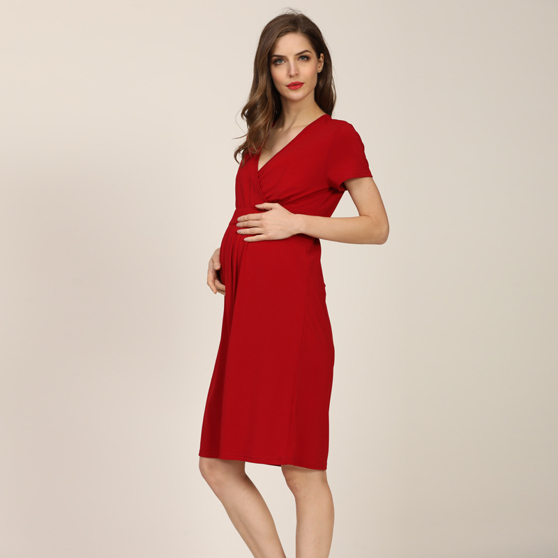Picture of Summer Short-sleeved Maternity Nursing Skirt V-neck Solid Color Pregnant Women dress plus size dress Fashionable Loose Maternity Dress