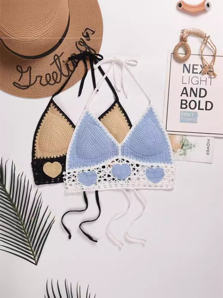 Beach Backless Lace-up V-Neck Outer Wear Knitted Tube Top Halter Bra Chest Wrap Bikini Swimsuit Top for Women