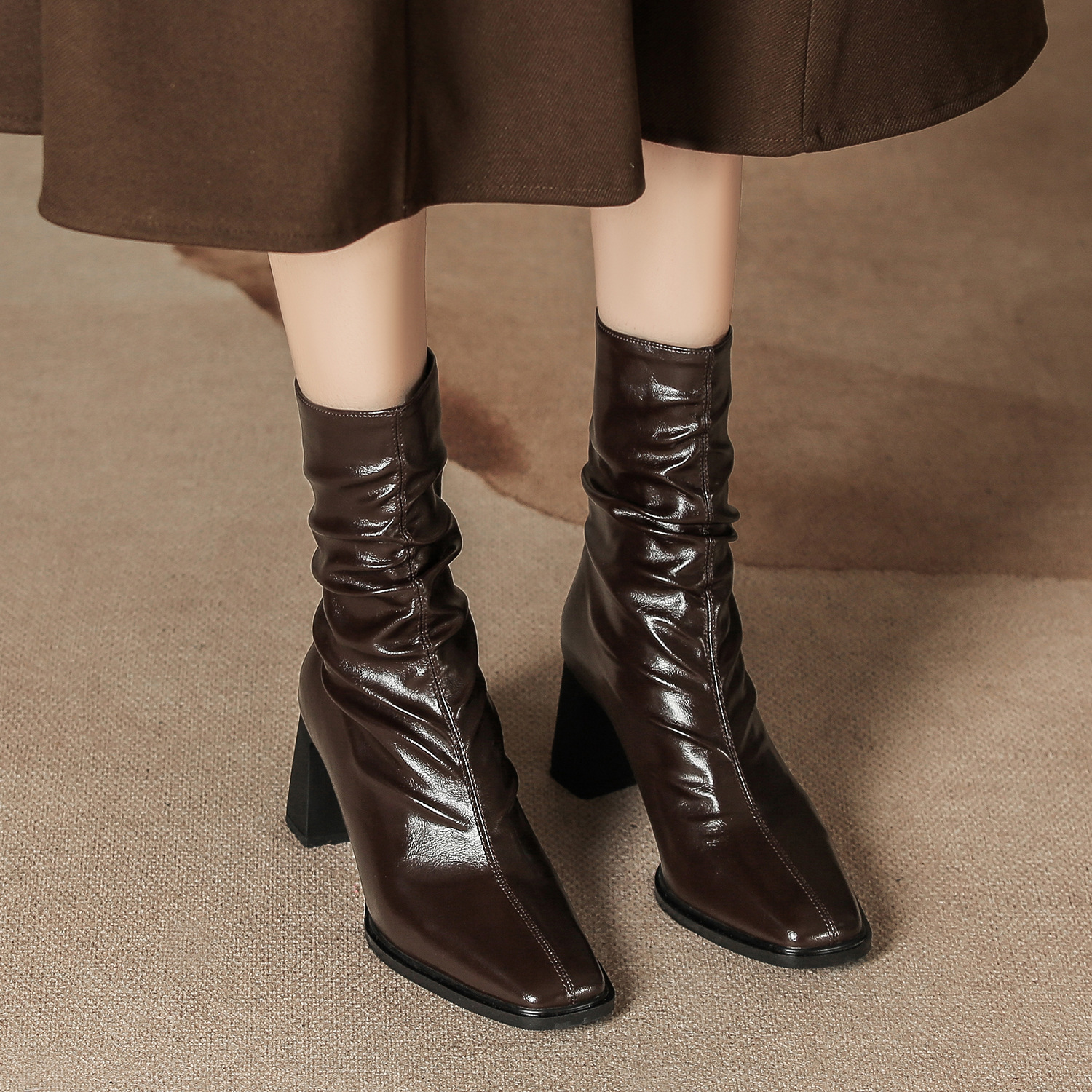 H9537-3 High Heel Short Boots Women's Velvet Retro French Mid-Calf Boots Slim Fashion Boots Back Zipper Square Toe Single Boots