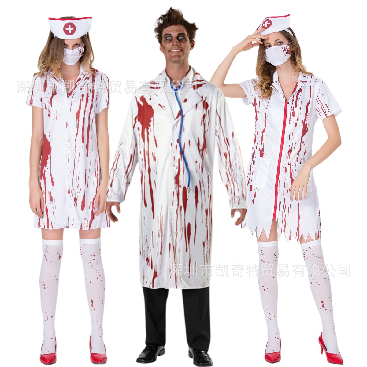 Halloween masquerade party costume, couple horror male doctor cosplay costume, scary bloody female nurse outfit