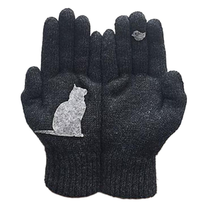 Cross-border supply foreign trade wish ladies knitted gloves autumn and winter outdoor warm cold cat bird printed gloves