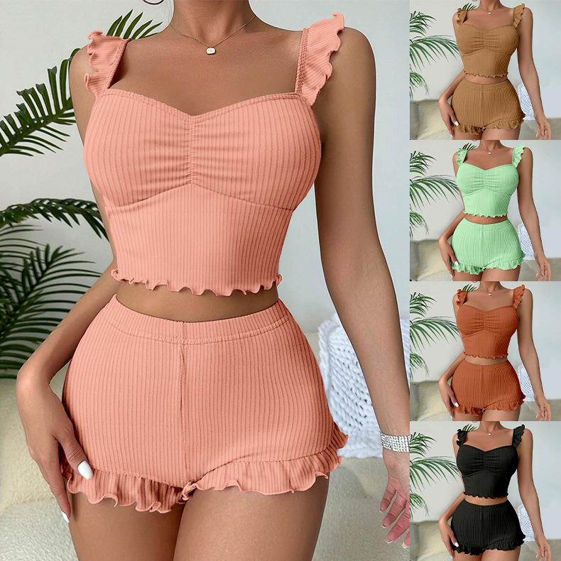 Picture of Small Flying Sleeves Sexy Suspender Pajamas for Women Pit Striped Twisted Shorts European and American Style Cross-Border Women's Simple Casual Home Wear