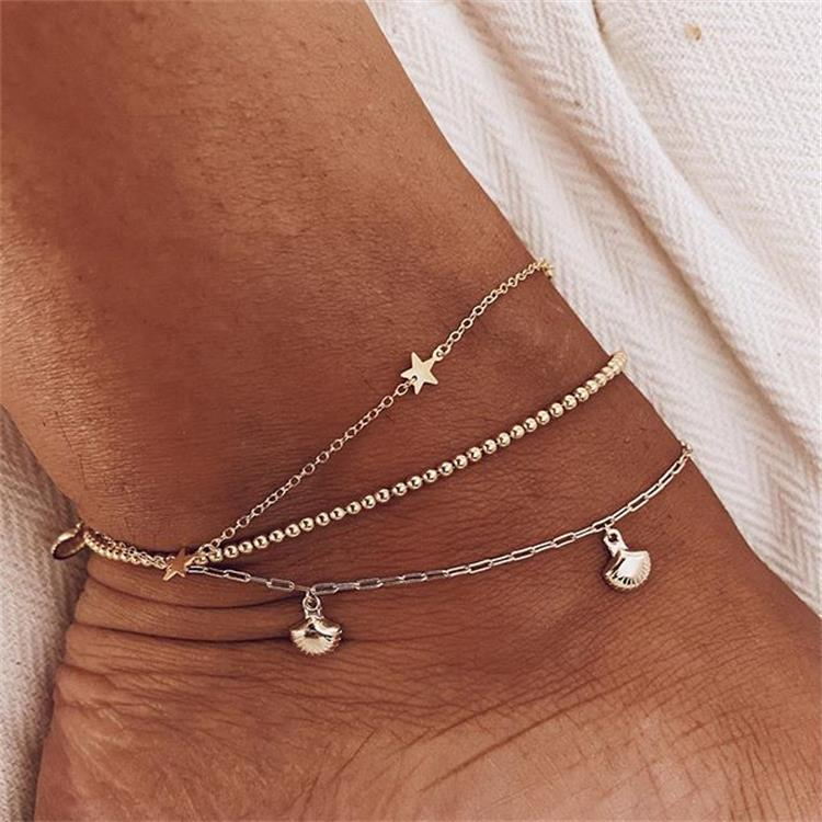 European and American fashion temperament five-pointed star foot decoration summer hot-selling simple shell 3-piece anklet women Wholesale