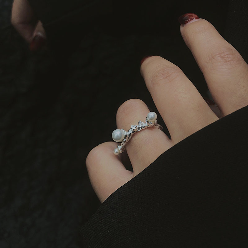 Pearl Irregular Ring Women's Korean Style Personality Design Branch S925 Silver Split Ring Hip-hop Finger Ring Trendy