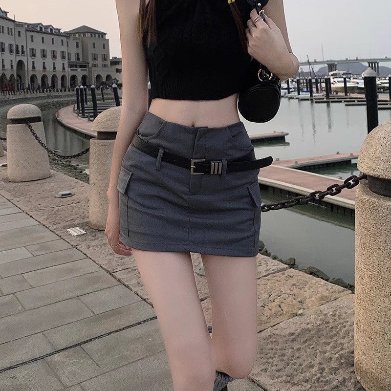 Hip Suit Skirt Women's 2024 Summer Grey High Waist Tight Hot Girl Sexy Slim A- line Short Skirt