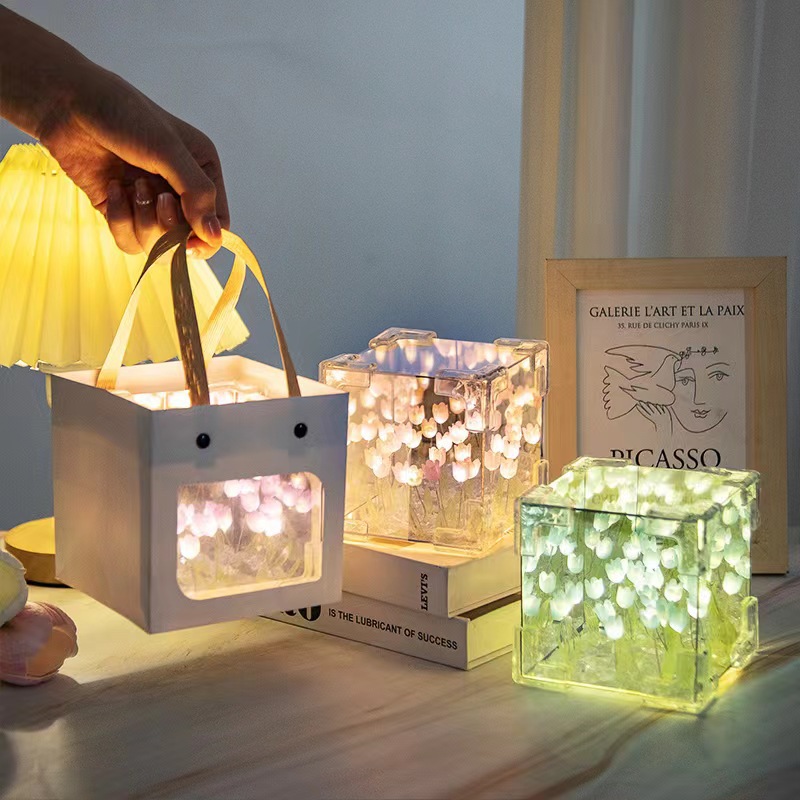 Tulip Night Light Flower Sea Rubik's Cube Night Light Desktop Atmosphere Light DIY Creative Gift Handmade Material Package Wholesale