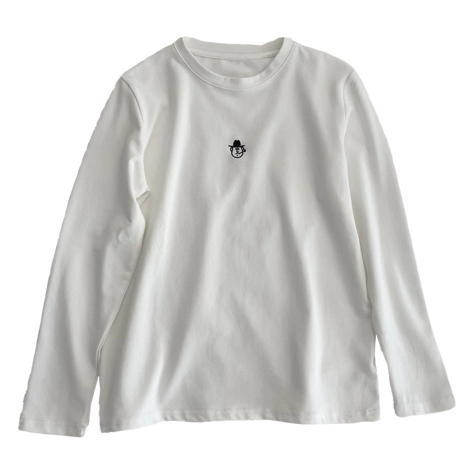Simple Velvet Sanding Embroidered Round Neck Slim T-shirt Women's Super Soft Waxy All-match Pullover Loose Long-sleeved Base Shirt Trendy