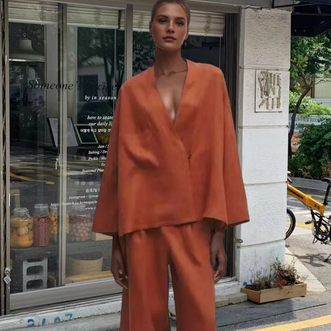 Picture of European and American Cross-border Amazon 2024 Spring Fashion Temperament Button Suit Jacket Linen Loose Pants Women's Suit