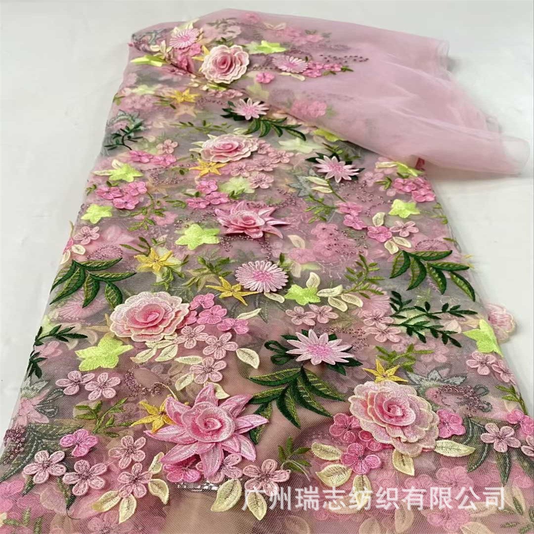 Fashion three-dimensional floral embroidery wedding dress evening dress embroidered fabric 3d flower lace fabric