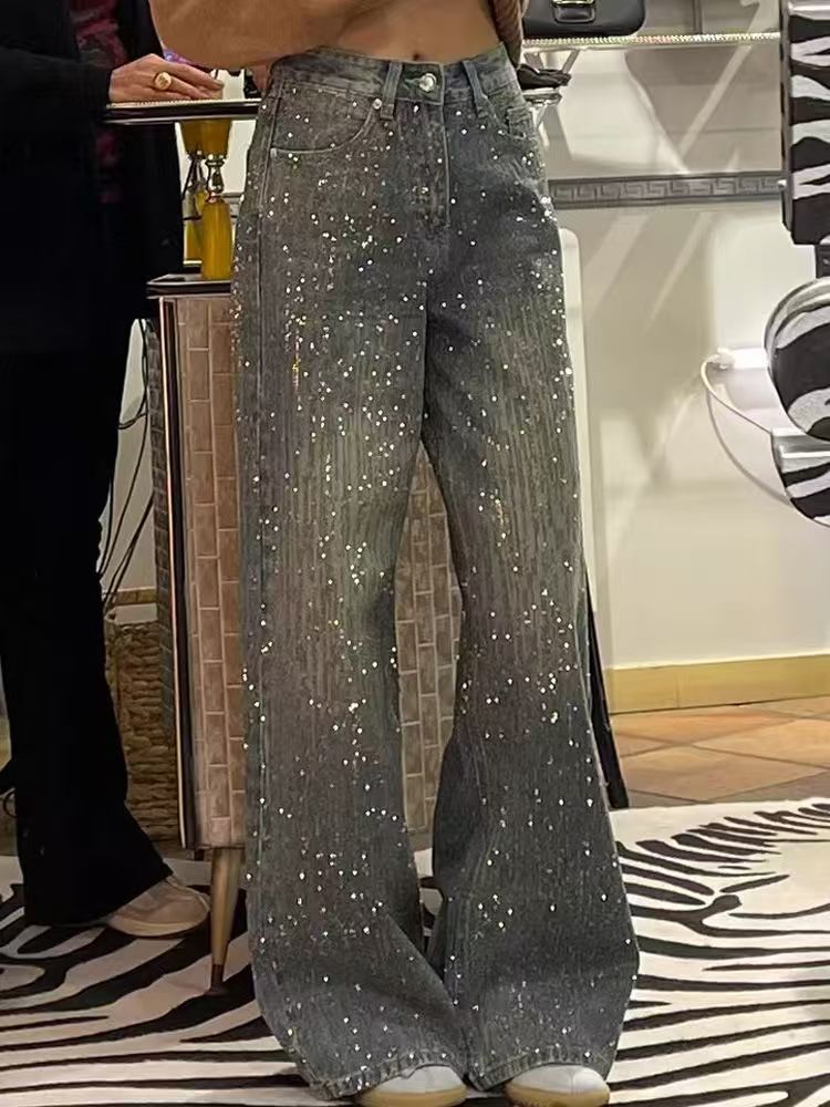 Plus-size design sense baby's breath diamond jeans women's 2025 summer street distressed washed glitter wide-leg floor-length pants