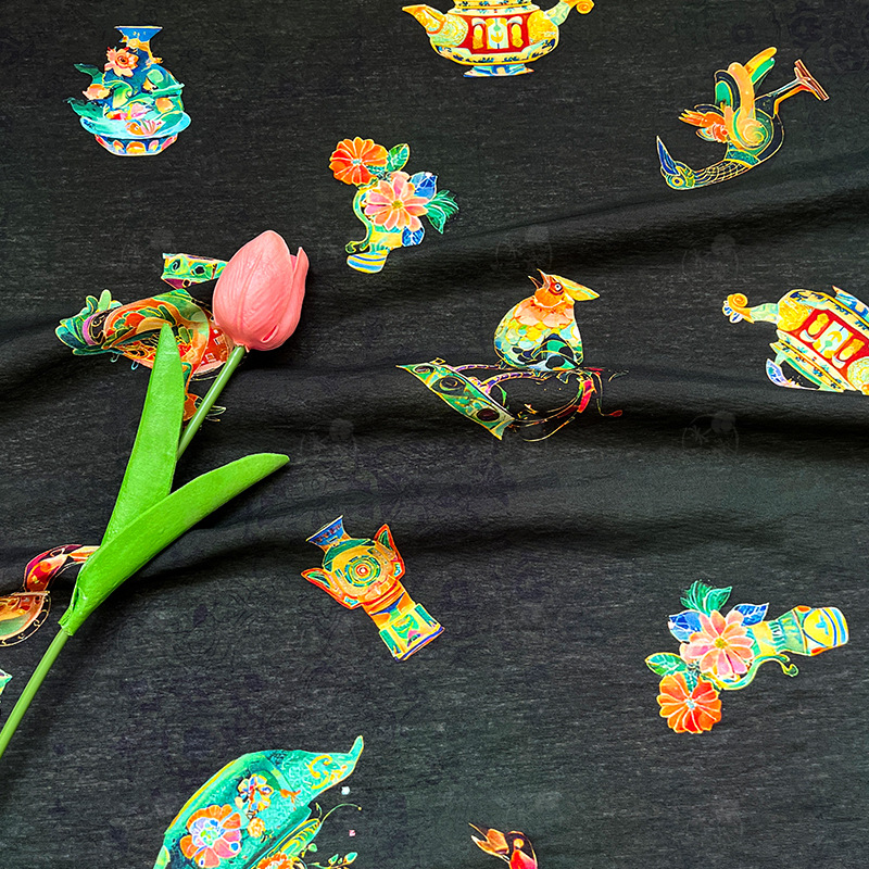 Folk art rhyme brocade cotton fabric, new Chinese style digital printed fabric, cheongsam dress, top, Hanfu fabric