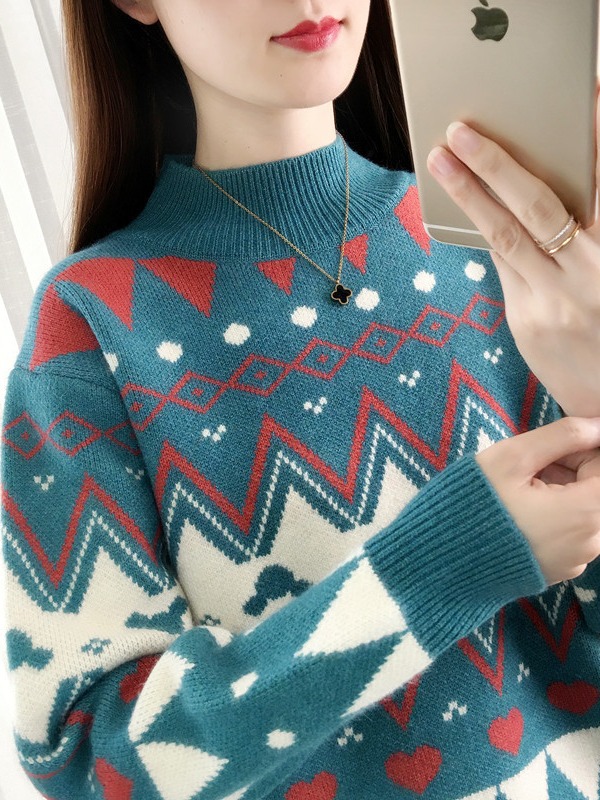 Picture of 2024 New Autumn and Winter Half Turtleneck Fleece-Lined Thickeneded Women's Sweater Fashionable Jacquard Contrast Color Knitted Bottoming Shirt