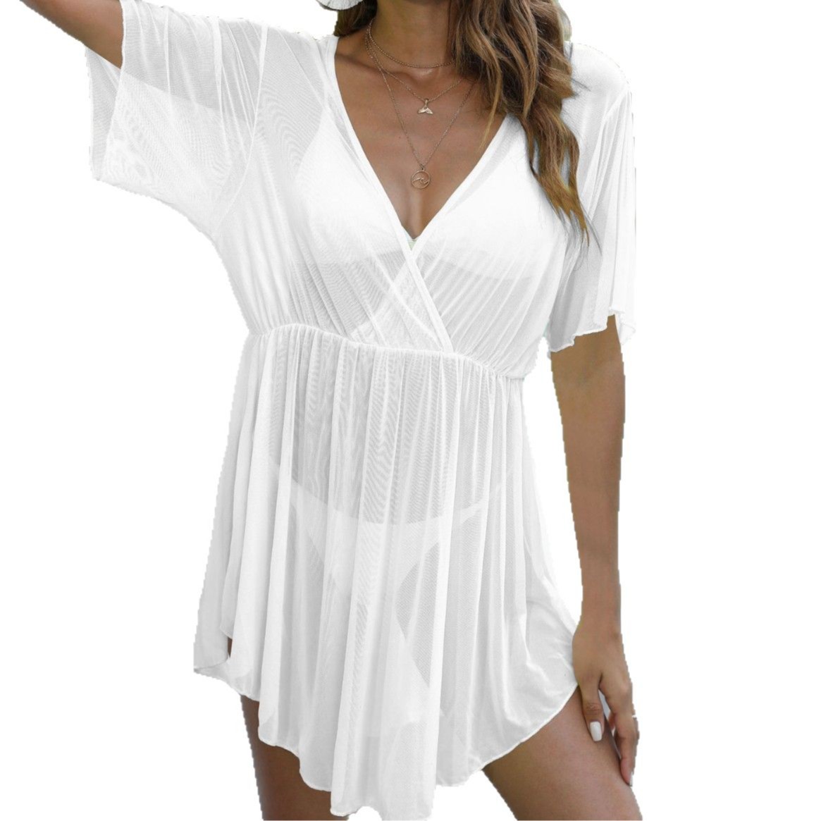 Picture of Women's Cross-border European and American Women's Beach Blouse Perspective Mesh Deep V Irregular Bikini Waist Beach Blouse