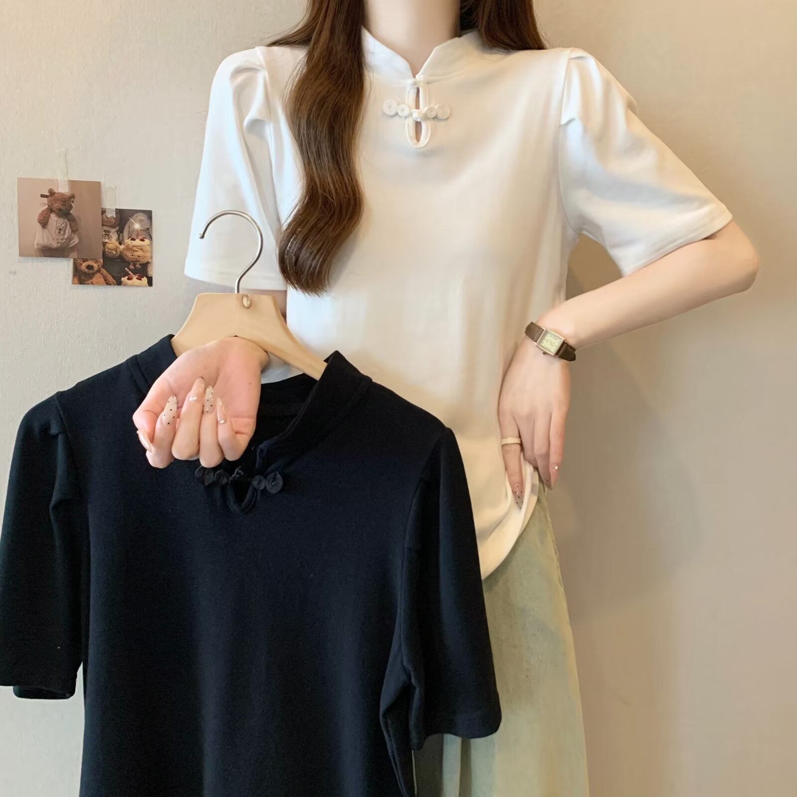 Solid Color T-Shirt 2024 Thin Trendyy Simple Stand Collar Short-Sleeved Women's Light Mature Style Chinese Style Summer Half-Sleeve
