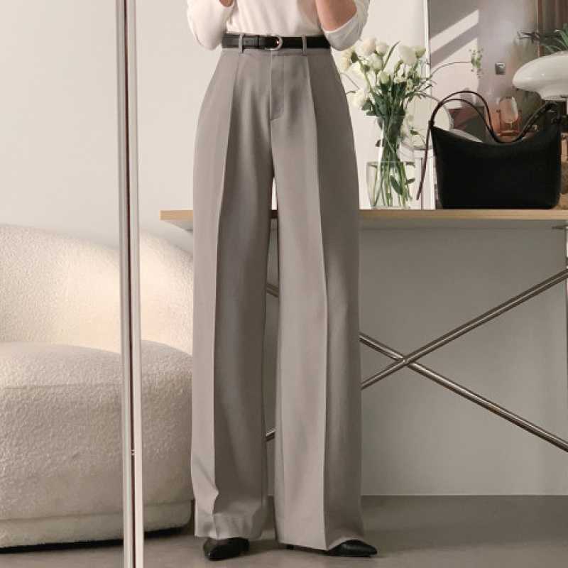 Picture of Simple, niche, commuting, versatile, high-waisted, slimming, double pockets, drape, straight-leg slacks, and suits