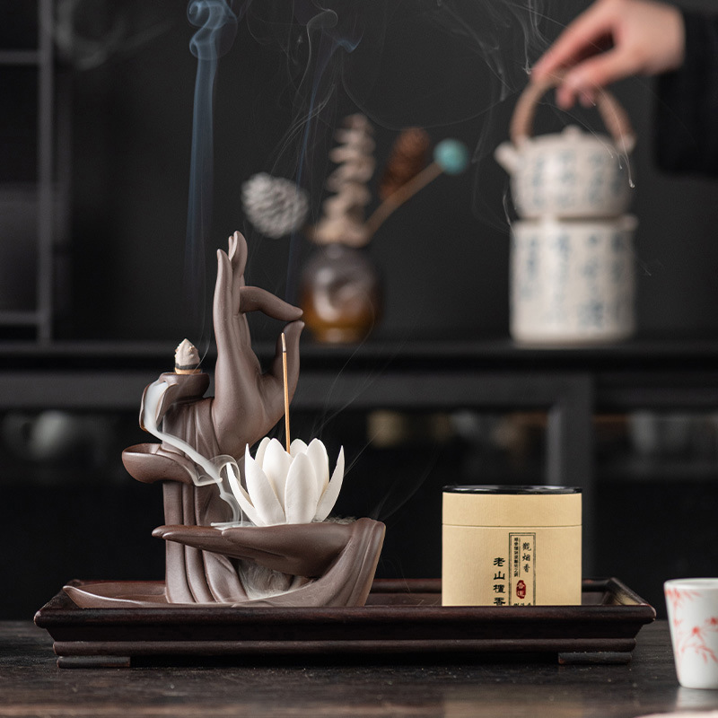 Picture of Buddha's Hand Lotus Incense Burner Sandalwood Tower Incense Purple Sand Incense Burner Crafts Creative Ornaments Indoor Backflow Incense Burner Cross-Border